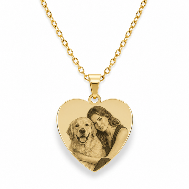 "Collana a cuore in oro con foto personalizzata incisa: regalo ideale per amanti degli animali e proprietari di cani"