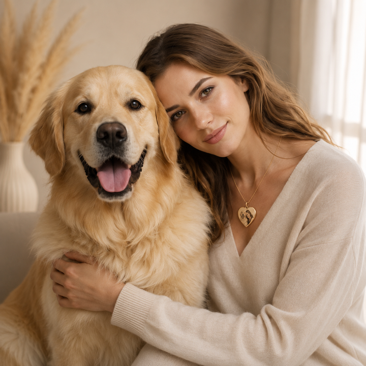 Modella che indossa la collana personalizzata con ciondolo a cuore dorato e incisione fotografica mentre abbraccia un cane