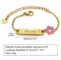 Bracciale da battesimo e cerimonia in oro con targhetta incisa, versione con fiorellino, vista misure