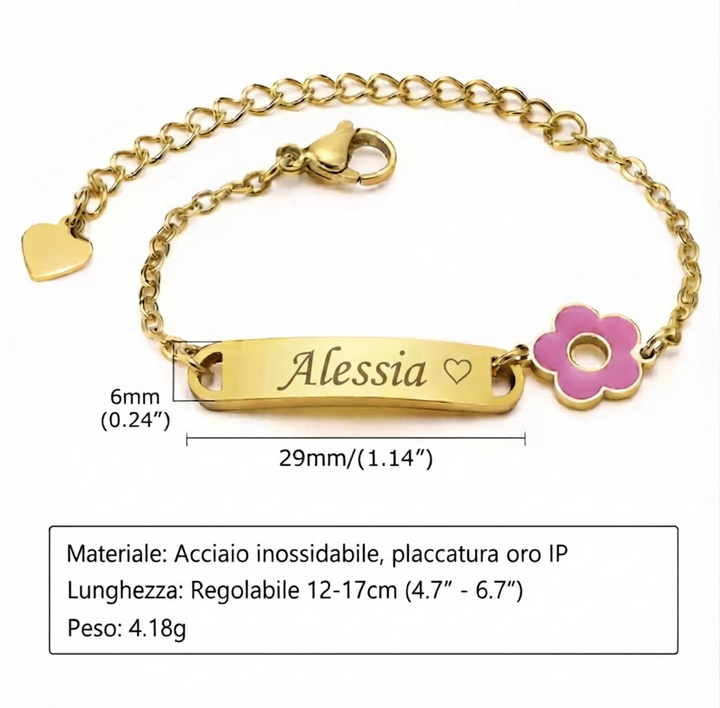 Bracciale da battesimo e cerimonia in oro con targhetta incisa, versione con fiorellino, vista misure